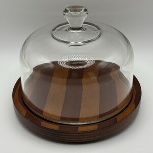 Vintage Goodwood Cheese Board Glass Cloche Dome Striped Teak Wood Taiwan
